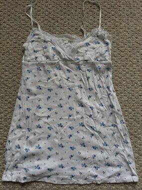 Forever 21 White Floral Lace-Trim Slip Dress with Blue Print